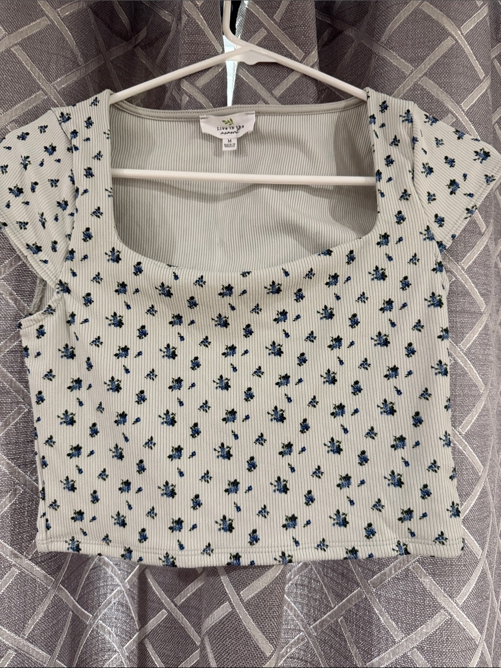 Live Love Dream Cream Ribbed Floral Square-Neck Crop Top